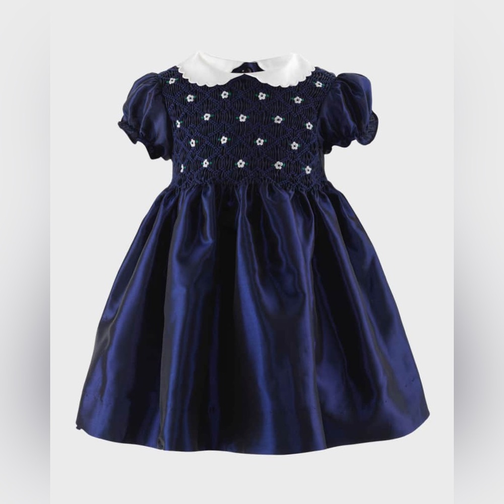 Rachel Riley Navy Blue Satin Smocked Dress with White Peter Pan Collar